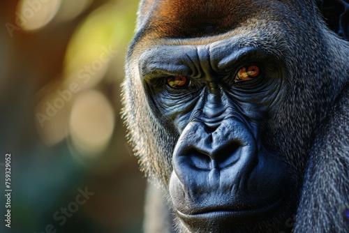 A detailed close up show of a male gorilla.