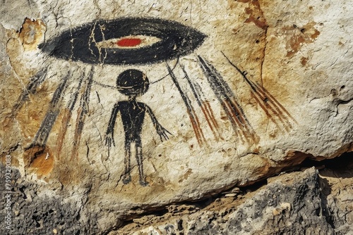 A fictional cave painting from prehistoric times shows an alien and a UFO. photo