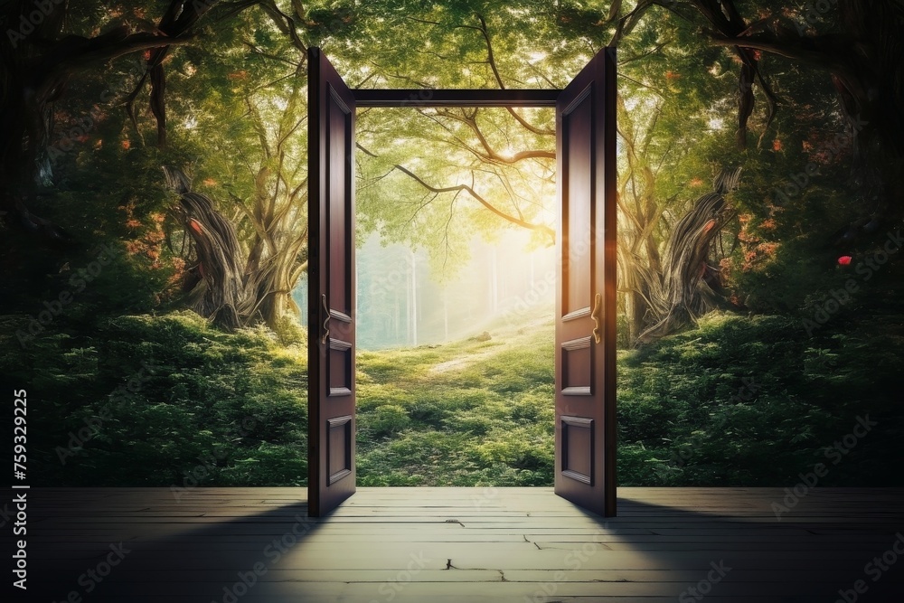 Obraz premium An open door showing the path to a new land with new opportunities.