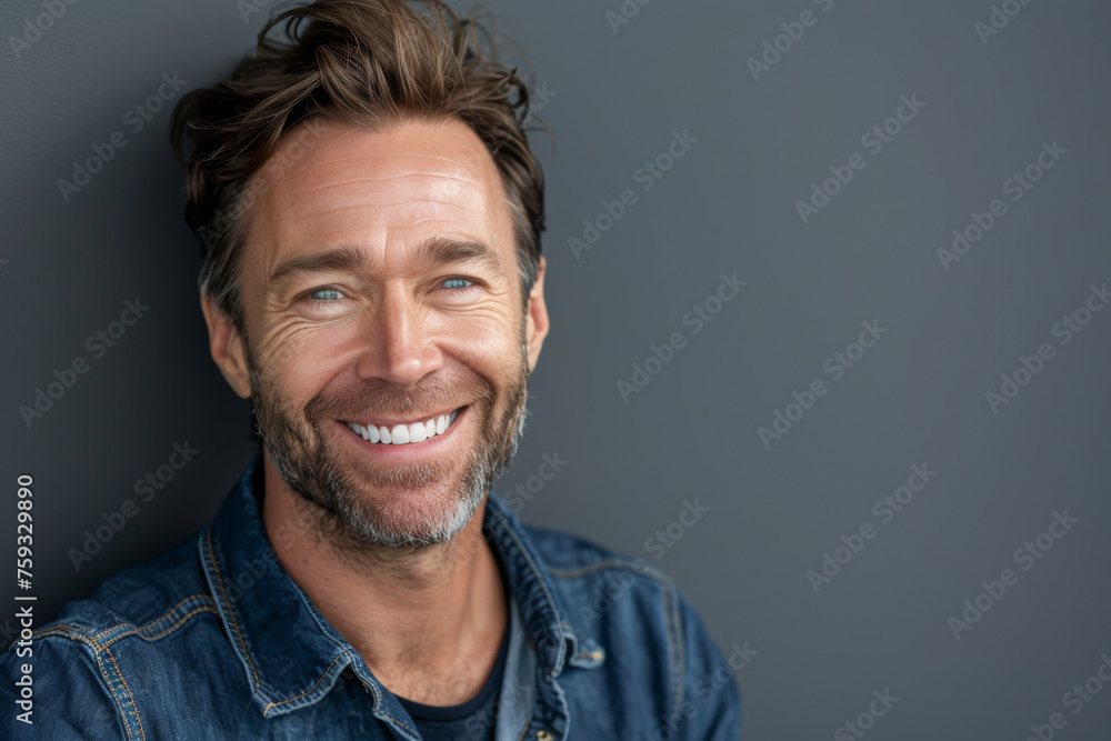 A man with a beard wearing a denim shirt is smiling A man with a beard wearing a denim shirt is smiling