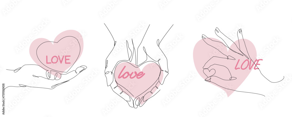 Heart symbol on hands, Hand on love. hand drawn line design elements collection. vector illustration.
