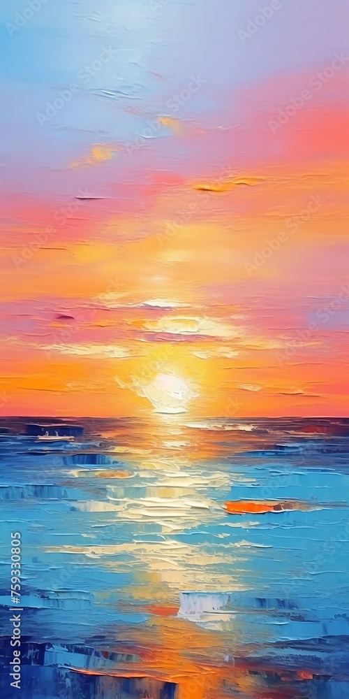 Abstract oil painting on canvas. Colorful sunset over the sea