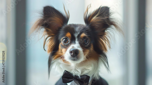 Portrait of a Papillon dog dressed in a formal business suit, generative ai