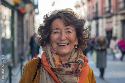 A woman wearing a scarf and earrings smiles for the camera