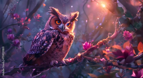 An owl with plumage that echoes the vibrant colors of dragon fruit, perched in a mystical forest, photo