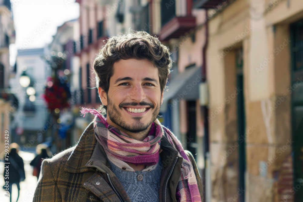 A man with a scarf around his neck smiles for the camera A man with a scarf around his neck smiles for the camera