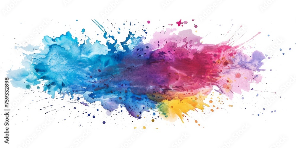 Dynamic watercolor splash in blue, pink, and yellow, resembling an abstract expressionist painting on a pure white background.