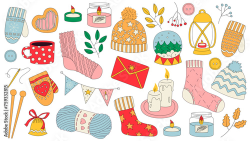 Christmas Icon Set in Doodle Style. Garlands, candles, cozy gloves, knitting needles, warm knitted socks. Vector illustration for graphic and web design, social media banner, and marketing material.
