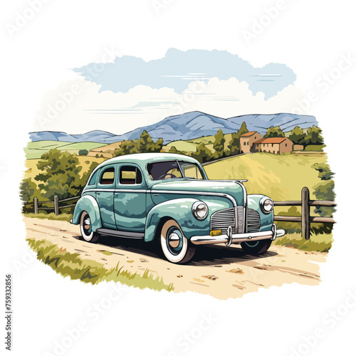 Fototapeta Naklejka Na Ścianę i Meble -  A vintage car illustration with a classic countryside