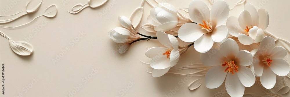Obraz premium Beautiful purple and white crocus flowers on the pastel light beige background. Horizontal background for banner, greeting card, invitation. Women's Day, Valentine's Day, wedding.