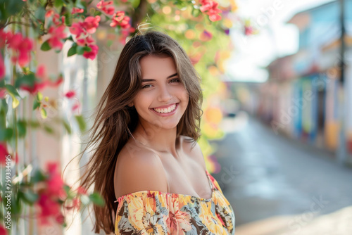 A woman in a floral off the shoulder top smiles in front of flowers