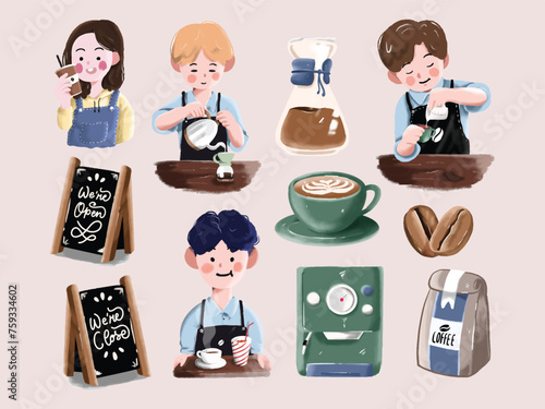 Hand drawn barista and coffee shop element collection