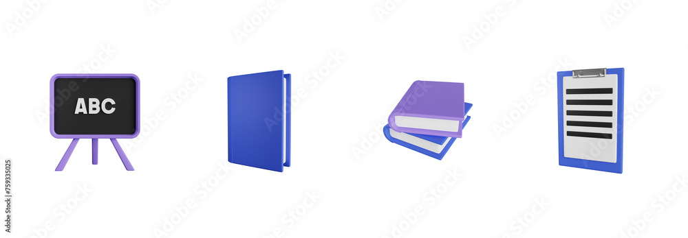 3d Blackboard, Book, Books, Clipboard. 3d render icon pack. High quality render. Transparent background