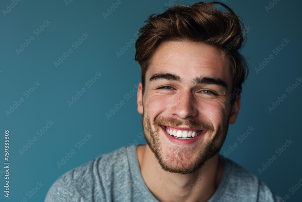 Obraz premium A man with a beard is smiling in front of a blue background