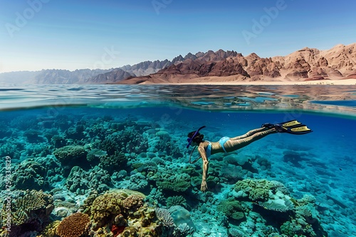 A person swimming in the Red Sea, wearing flippers and goggles while floating on their back over coral reefs near Sh.lenan Island.