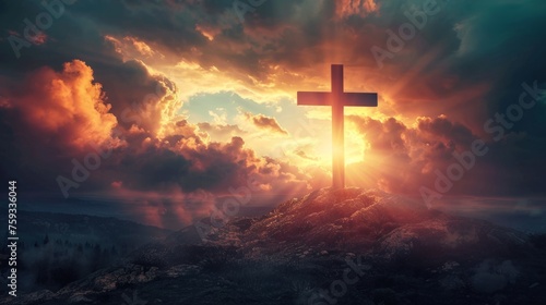 Mount Golgotha, representation of the cross that symbolizes the resurrection of Jesus. generative ai photo