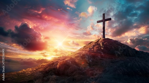 Mount Golgotha, representation of the cross that symbolizes the resurrection of Jesus. generative ai