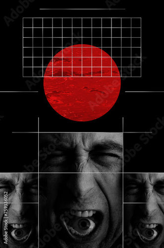 Collage with a face of a man with eye in mouth photo