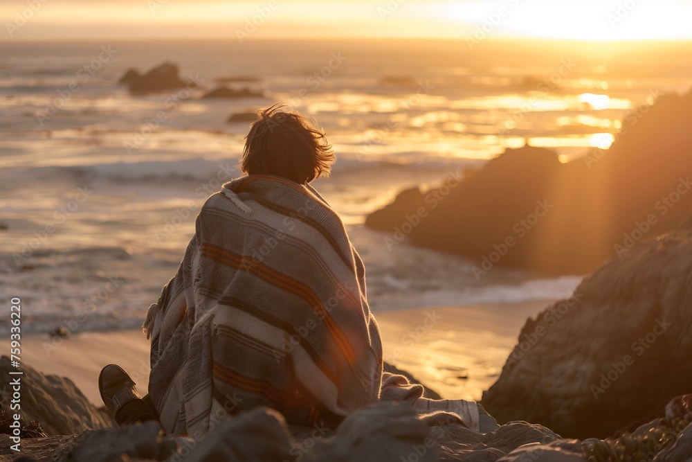 A person sitting on rocks at the beach, watching the sunset over the ocean in California, with warm colors of the sunrise