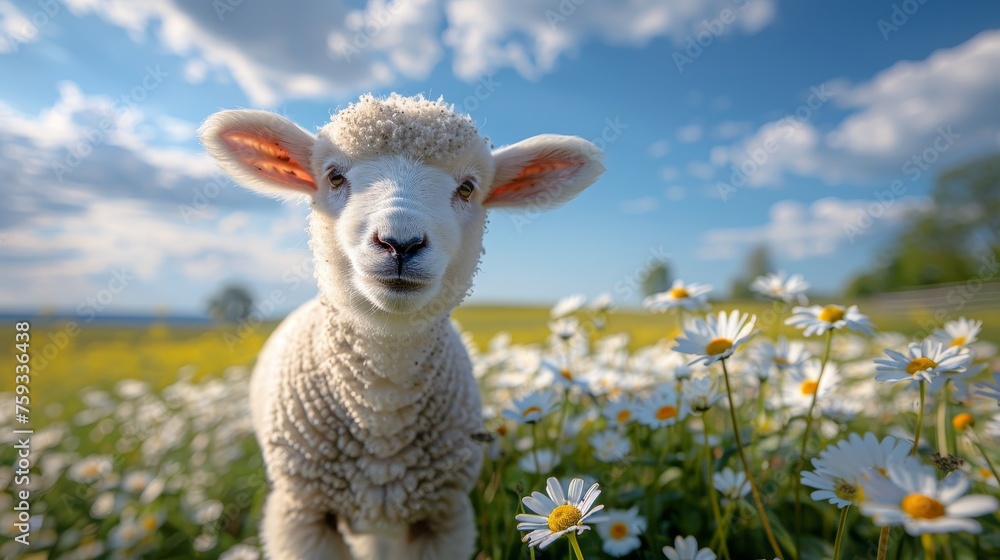 Fototapeta premium Young lamb grazing in daisy field on a sunny day serene farm animal scene with space for text