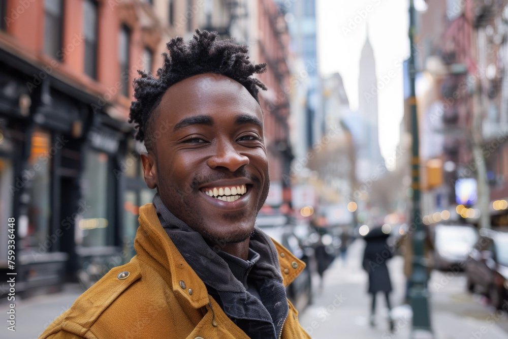 A man in a yellow jacket is smiling on a city street A man in a yellow jacket is smiling on a city street