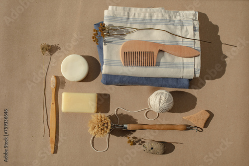 soap and brushes laid out on a craft background photo