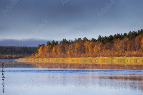 Bright fall landscape with river and forest photo