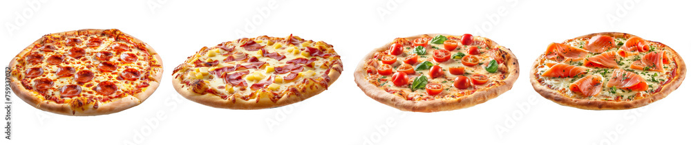 different pizza set for menu. fresh delicious pizzas is pepperoni, hawaiian, margherita and smoked salmon isolated on on transparent background.