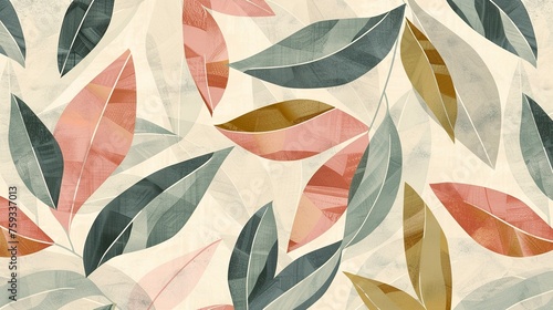 An elegant abstract background in leaf style organic curves graphic pattern in sage green palette. Illustration of green, pink and gray leaves in serene style.