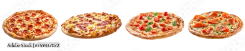 Obraz  z motywem different pizza set for menu. fresh delicious pizzas is pepperoni, hawaiian, margherita and smoked salmon isolated on on transparent background.