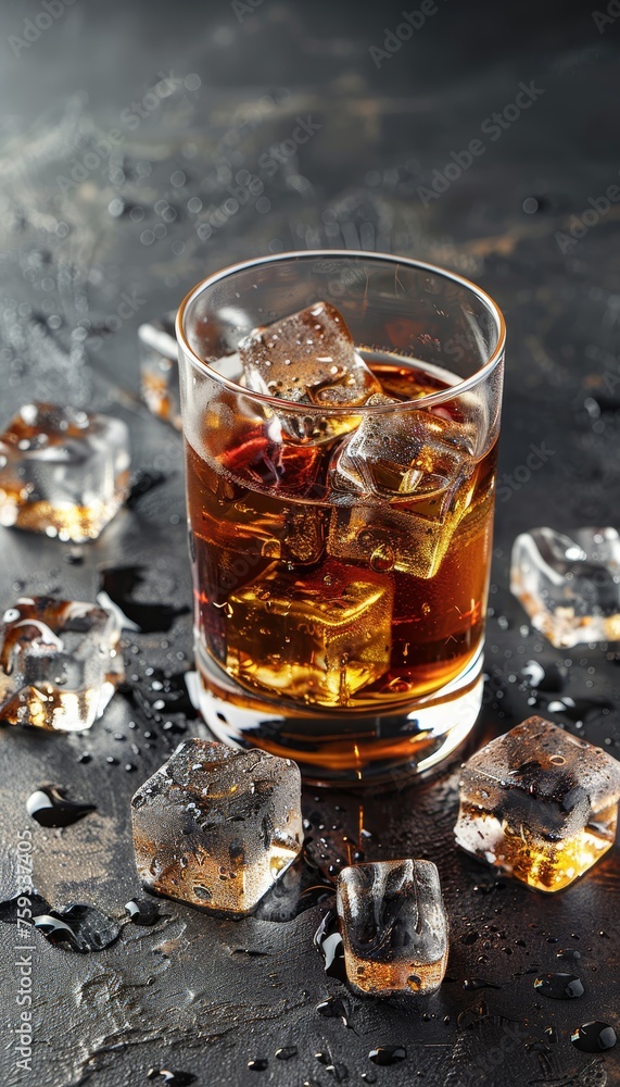 Elegant whiskey glass with ice cubes on dark atmospheric background for text placement Elegant whiskey glass with ice cubes on dark atmospheric background for text placement