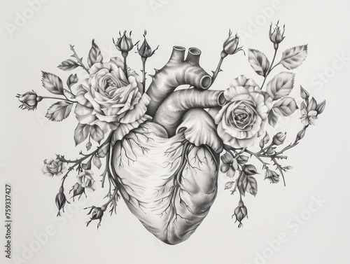 Hand drawn illustration of human Heart with blooming flowers pencil sketch . Black and white.