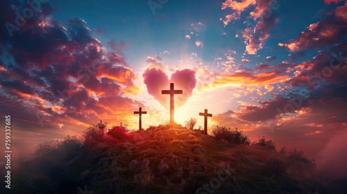 Easter landscape with three crosses on hill, crucifixion of Jesus Christ with heart from the clouds