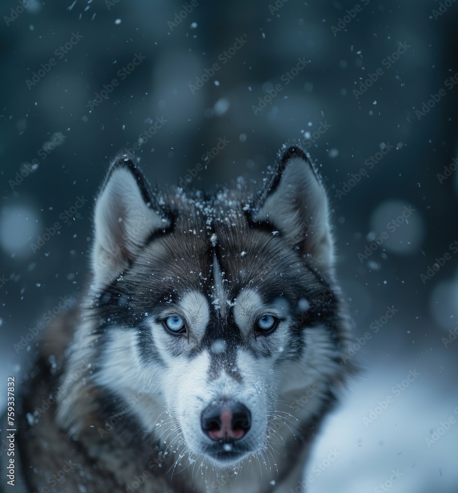 angry husky face with snow winter background
