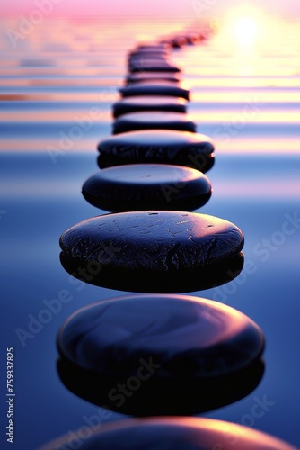 Tranquil zen stones resting in calm waters  reflecting the serene beauty of the sunset