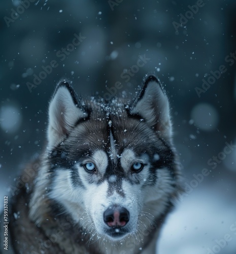 angry husky face with snow winter background © nahwul
