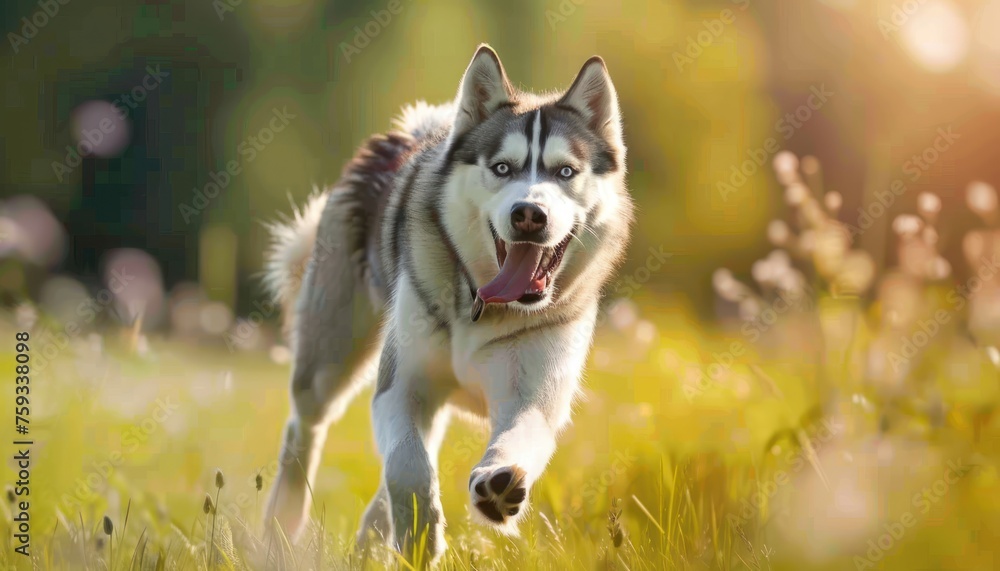  close up husky running happily in the park meadow. wallpaper 