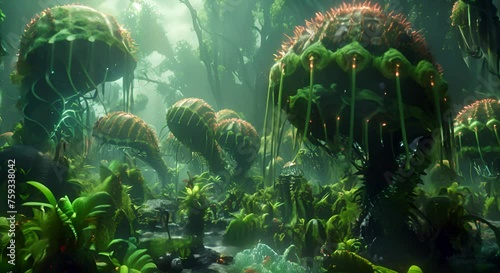 Bio art landscape showing an alien plant ecosystem thriving
