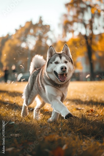  husky running happily in the park meadow. wallpaper  © nahwul