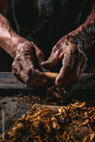 close up of hand rolling tobacco for a traditional cigar © nahwul