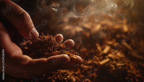 Hand Holding Best Choice Tobacco. Close Up of Premium Dry Cut Tobacco. Wallpapers
