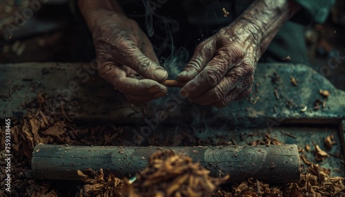 close up of hand rolling tobacco for a traditional cigarette © nahwul