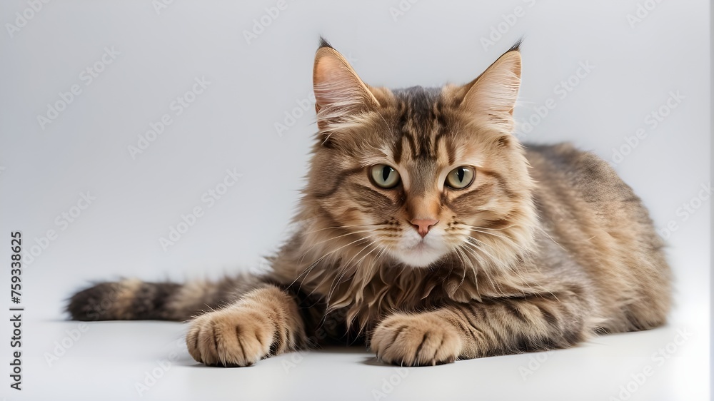 Cat is alone on a transparent or white background, playing or hunting.