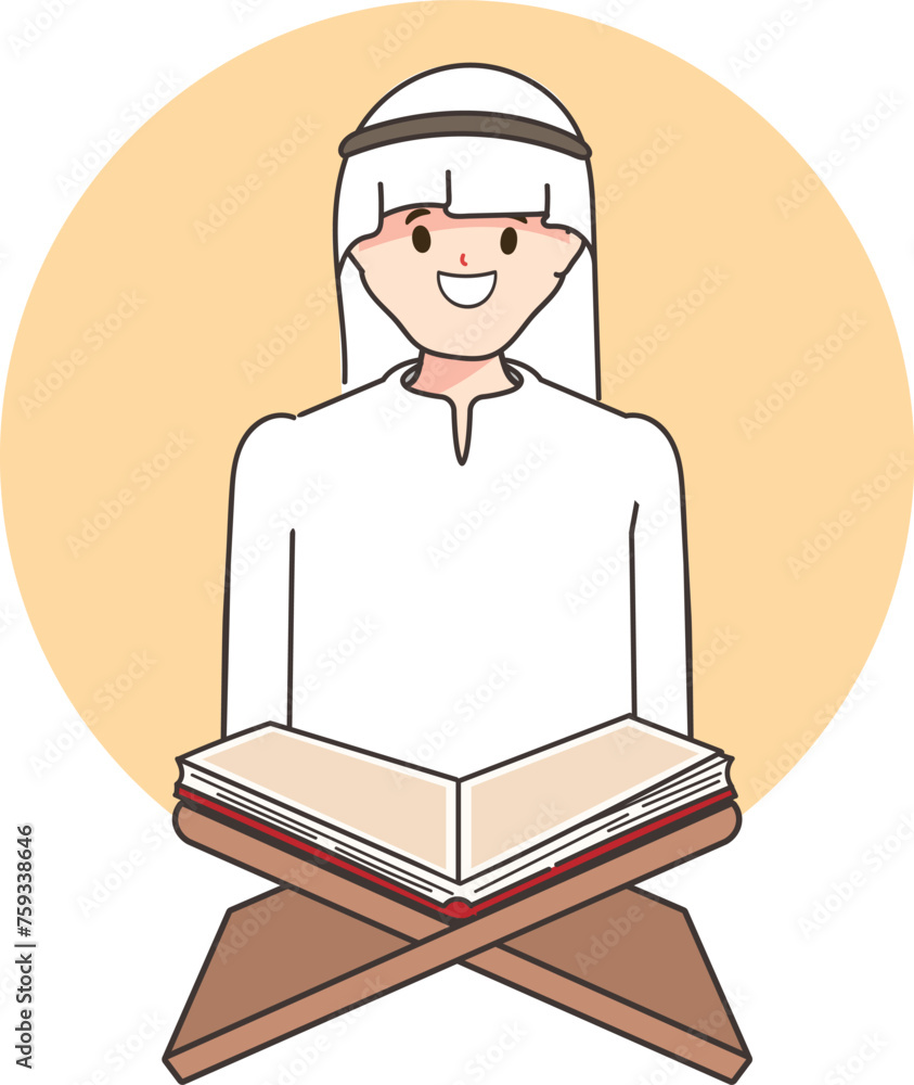 Muslim man reads holy book quran turning to god allah sits in mosque or religious place for prayer. Positive man in hijab studying arabic quran getting islamic traditional education Muslim man reads holy book quran turning to god allah sits in mosque or religious place for prayer. Positive man in hijab studying arabic quran getting islamic traditional education