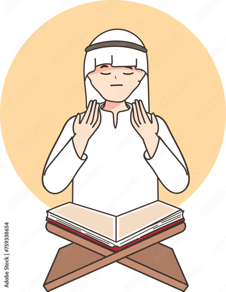 Muslim man reads holy book quran turning to god allah sits in mosque or religious place for prayer. Positive man in hijab studying arabic quran getting islamic traditional education