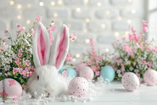 Adorable bunny and Easter eggs with lights - A charming white bunny with pink ears among Easter eggs and twinkling lights in a soft setting