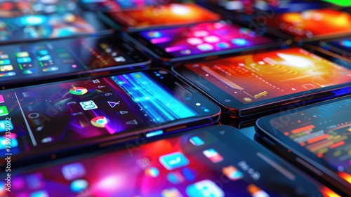 Colorful smartphones with vibrant screens - An array of modern smartphones displaying colorful, dynamic images, showcasing advanced display technology and digital design
