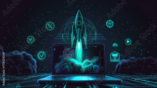 Digital rocket launch artwork on laptop - This digital artwork features a rocket launch emanating from a laptop screen, symbolizing innovation and the journey into the digital space age photo