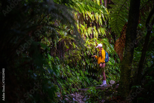 Wallpaper Mural hiker girl enjoys the unique nature of fiordland national park on the way to lake marian, new zealand south island Torontodigital.ca