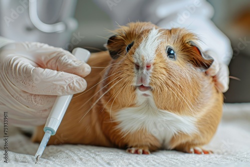 Guinea pig being examined by a vet with syringe - An anxious guinea pig seems alert during a veterinary check-up as a gloved hand holds a syringe nearby